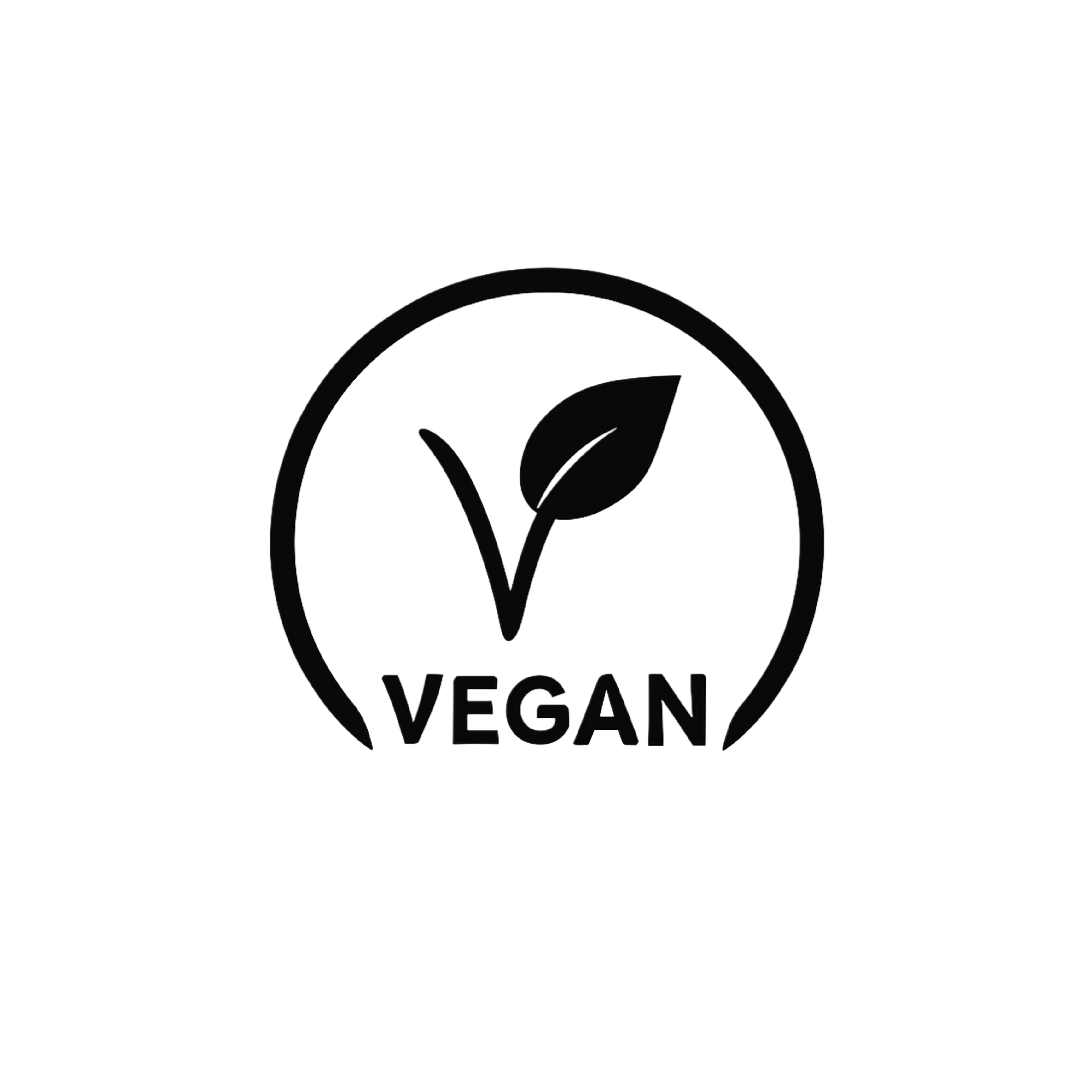 Black 'VEGAN' logo with a leaf on a white background